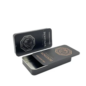 Customized Rectangular Slim Sliding Solid Perfume Tin Box with CMYK Printing, Recycled Materials, and Embossed Logo