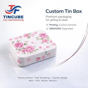 Decorative Flower Tin Box Square Metal Gift Box for Chocolate Tea Candy Jewelry Packaging Custom Size Logo Artwork OEM ODM