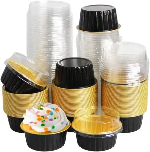 Disposable Black Gold Mini Aluminum Foil Cupcake Baking Cups with Lids 125ml Creme Brulee Muffin Pudding Cake Containers