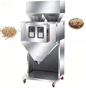 Double-Head Granule Filling and Packing Machine, Stainless Steel, for Rice, Beans, Nuts, and Seeds, with Wheels