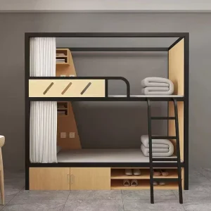 Durable Noise Free Child Loft Bed with Soundproof Curtains Side Ladders and Staircase Dormitory Metal Bunk Bed with Storage