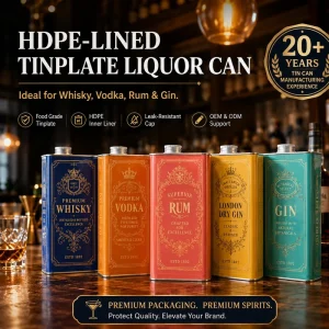 Durable Rectangle Tinplate Can with Crown Cap Sealing Screen Printed Food Grade Spirits Wine Bottles for Europe America Markets