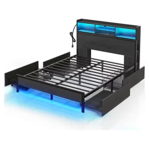 Easy Assemble Metal Bed with Charging Station Full Size Bed Frame with Storage and Led Lights