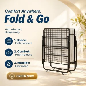 Easy Storage Foldable Metal Bed Mattress Adult Folding Bed Folding Guest Bed with Wheels
