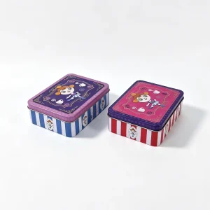 Eco-Friendly Rectangle Cartoon Printed Tinplate Lidded Storage Container for Candy Biscuits Cookies Tea and Wedding