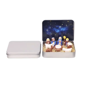 Embossed Rectangular Tinplate Gift Box with Hinges, UV Coating, and Recyclable Materials for Christmas Nativity Toys