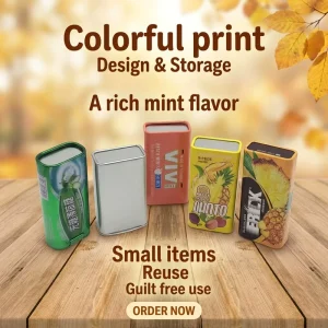 Empty Food Grade Mint Chewing Gum Tinplate Can 38*18*68mm Custom Logo and Color Tin Box with Airtight Hinged Lid