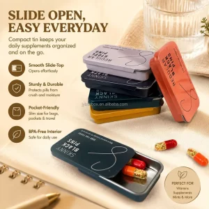 Empty Small Rectangular Tinplate Push-Pull Box for Pills Medicine and Candy with Slide Top