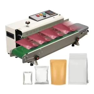 FR-900 Electric Continuous Band Sealer Machine Automatic Horizontal Heat Sealing Machine for Foil Film Pouches and Beverages