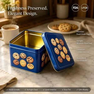 Factory Best Seller Custom Recycled Tinplate Cookie Food Grade Metal Storage Cans Square Blue Gift Box Size 90 90 55mm