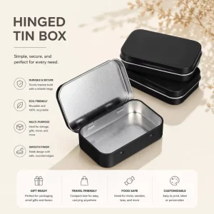 Factory Custom Black and Silver Rectangular Hinged Metal Tin Box for Jewelry, Gifts, Mint and Gummy Candy