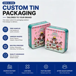 Factory Custom Christmas New Year Holiday Gift Tin Box for Biscuit and Cake, Rectangular Tin Container
