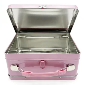 Factory Custom Embossed Tinplate Handmade Suitcase-Style Rectangle Metal Lunch Box with Handle and Lock