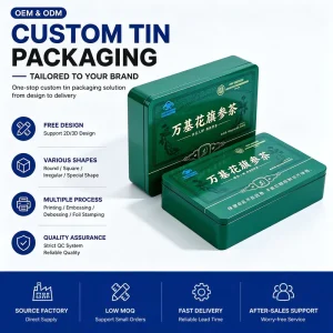 Factory Custom Printed Empty Rectangular Tin Box with Lid for Food Tea and Gifts