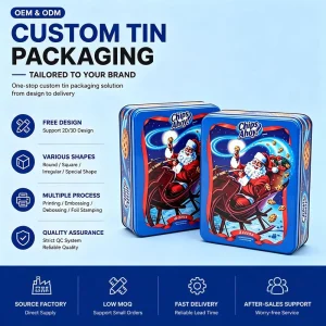 Factory Custom Printed Rectangular Metal Tin Box, Tinplate Container for Christmas Gift, Candy, Biscuit and Cookie Packaging