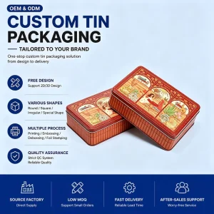 Factory Custom Printed Rectangular Metal Tin Box, Tinplate Gift Container for Cookies, Biscuits, Candy and Chocolate Packaging