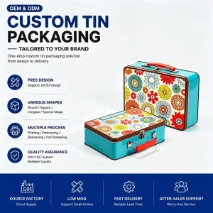 Factory Custom Printed Rectangular Metal Tin Box with Handle Tinplate Container for Food Gift Packaging Storage