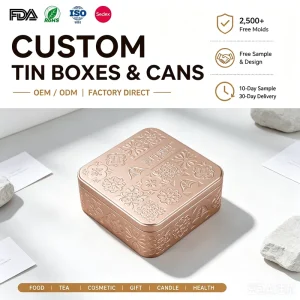 Factory Custom Printed Square Tin Box Embossed Metal Storage Packaging Container for Gift Biscuit Food Manufacturer