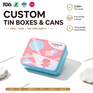 Factory Custom Rectangle Tinplate Metal Box Food-Grade with Hinged Lid