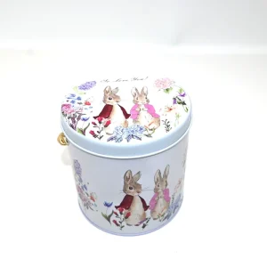 Factory Custom Round Tinplate Food Packaging Bucket with Watercolor Rabbit Pattern and Braided Rope Handle