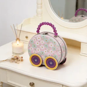 Factory Custom Unique Shape Metal Toy Organizer Box with Wheels Tin Vanity Case for Girls
