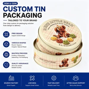 Factory Direct Custom Round Tinplate Metal Box Container with Lid for Cookies, Chocolate and Confectionery Gift Packaging