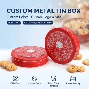 Factory OEM Eco Food Grade Storage Round Tin Box With Lid Custom Metal Packaging Chocolate Cake Biscuit Tinplate Tin Can Boxes