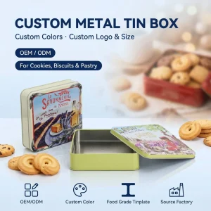 Factory OEM Food Grade Rectangular Tin Box with Lid for Cake, Chocolate, Cookies, and Biscuits