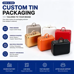 Factory Stock Rectangular Metal Tin Box with Handle, Tinplate Container for Gift, Food, Biscuit, Chocolate and Tea Packaging, Custom Logo