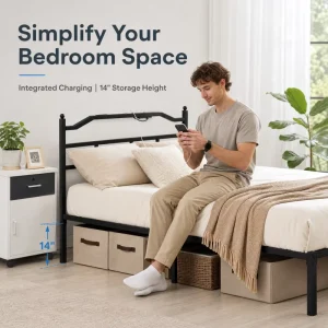 Factory Supply Shock Resistant Twin Full Queen King Steel Platform Bed Frame with Smart Headboard Design