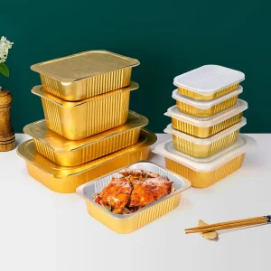 Factory Takeaway Disposable Gold Color Foil Containers Lunch Box with Recycled Aluminum Foil and PP Plastic Lid