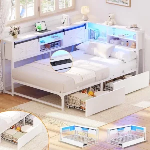 Farmhouse Adjustable Corner Bed Frame with 2 Drawers Foldable Durable Metal Construction Eco Friendly Design