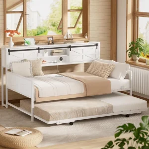 Farmhouse Twin Daybed Pop Up Trundle Metal Bed Frame Bookcase Headboard Charging Station Barn Door Storage Bedroom Warehouse