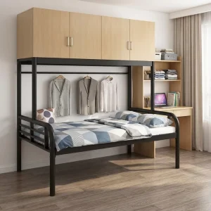Flat Pack Knock Down Multifunctional Metal Bed with Top Wood Storage Cabinet Easy Assembly Single Steel Bed for Retailers