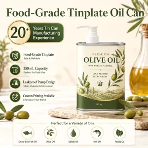 Food Grade 250ml Tinplate Oil Can With Pump Dispenser Custom Printed Empty Olive Oil Tin Can for Edible Oil Perilla Fish Oil