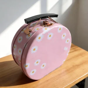 Food Grade Empty Circular Tinplate Box with Portable Plastic Handle for Candy and Cookies
