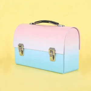 Food-Grade Macaron-Color Rectangular Tinplate Box with Portable Handle for Candy and Cookies