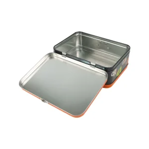 Food-Grade Rectangular Tinplate Box with Custom Logo and Portable Plastic Handle for Candy and Cookies