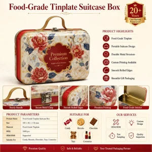 Food Grade Tin Suitcase with Handle Metal Lunch Box Cookie Chocolate Candy Packing Tin Box Cosmetic Toy Storage Metal Gift Case
