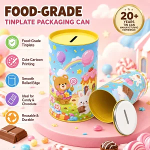Food Grade Tinplate Money Saving Tin Can Piggy Bank Metal Storage Tin Box Coin Slot Lid Candy Biscuit Gift Packaging Tin OEM ODM