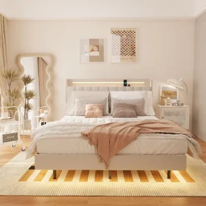 Full Metal Bed Frame with LED Light Charging Station Velvet Upholstery Platform Bed Frame Hidden Storage Space ODM OEM Available