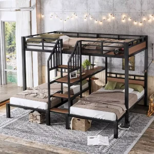 Full XL Size Over Twin Triple Metal Bunk Bed Frame Storage Stairs Shelves Modern Heavy Duty Space Saving Dormitory Apartment OEM