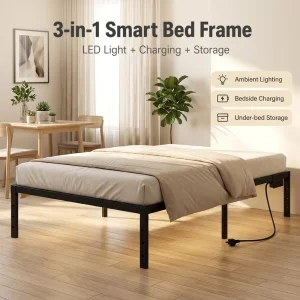 Full-size Iron Bed LED Light Modular Design Durable Space-Saving Foldable Easy Assembly Built-in Power Interface Noise Free