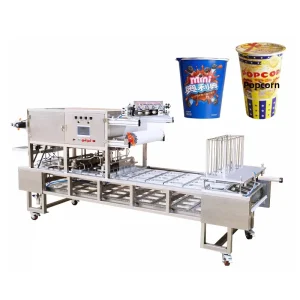 Fully Automatic Continuous Sealing Machine for Popcorn French Fries Potato Chips & Biscuits in Bucket and Paper Cup Packaging