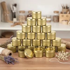 Gold Metal Tin Box for Massage Candle Black Seamless Candle Tin Can With Lid