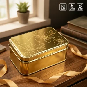 Gold Rectangular Tin Box with Engraved Floral Design Metal Gift Packaging Case for Jewelry and Watches