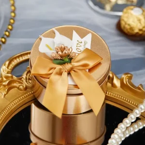Gold Round Flower Metal Candy Box with Ribbon for Wedding Party Favors Chocolate Candy