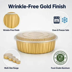 Gold colored Aluminum Foil Containers Rectangular & Round Thickened Food Grade Disposable Bowls with Lids for Commercial