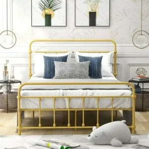 Golden Metal Platform Bed Frame Vintage Headboard Full Size Sturdy Iron Bed for Bedroom Furniture