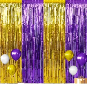 Graduation Foil Fringe Metallic Tinsel Curtain Backdrop Purple and Gold
